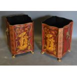 A Pair of Toleware Jardinieres with gilded Chinoiserie decoration upon a red ground and with paw