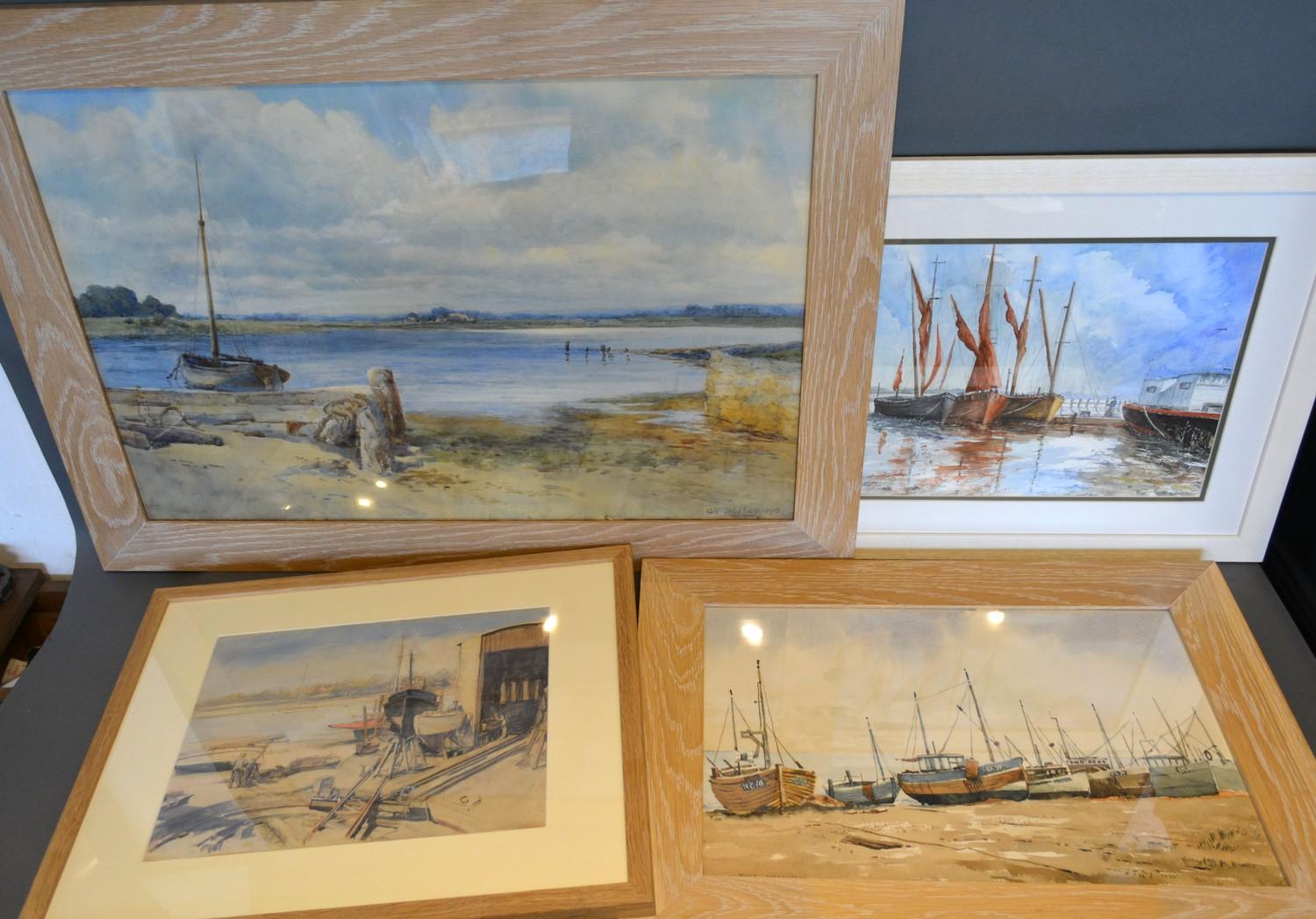 Alexander Y Whishaw, watercolour, Fishing Boat at a Jetty with landscape beyond, signed and dated