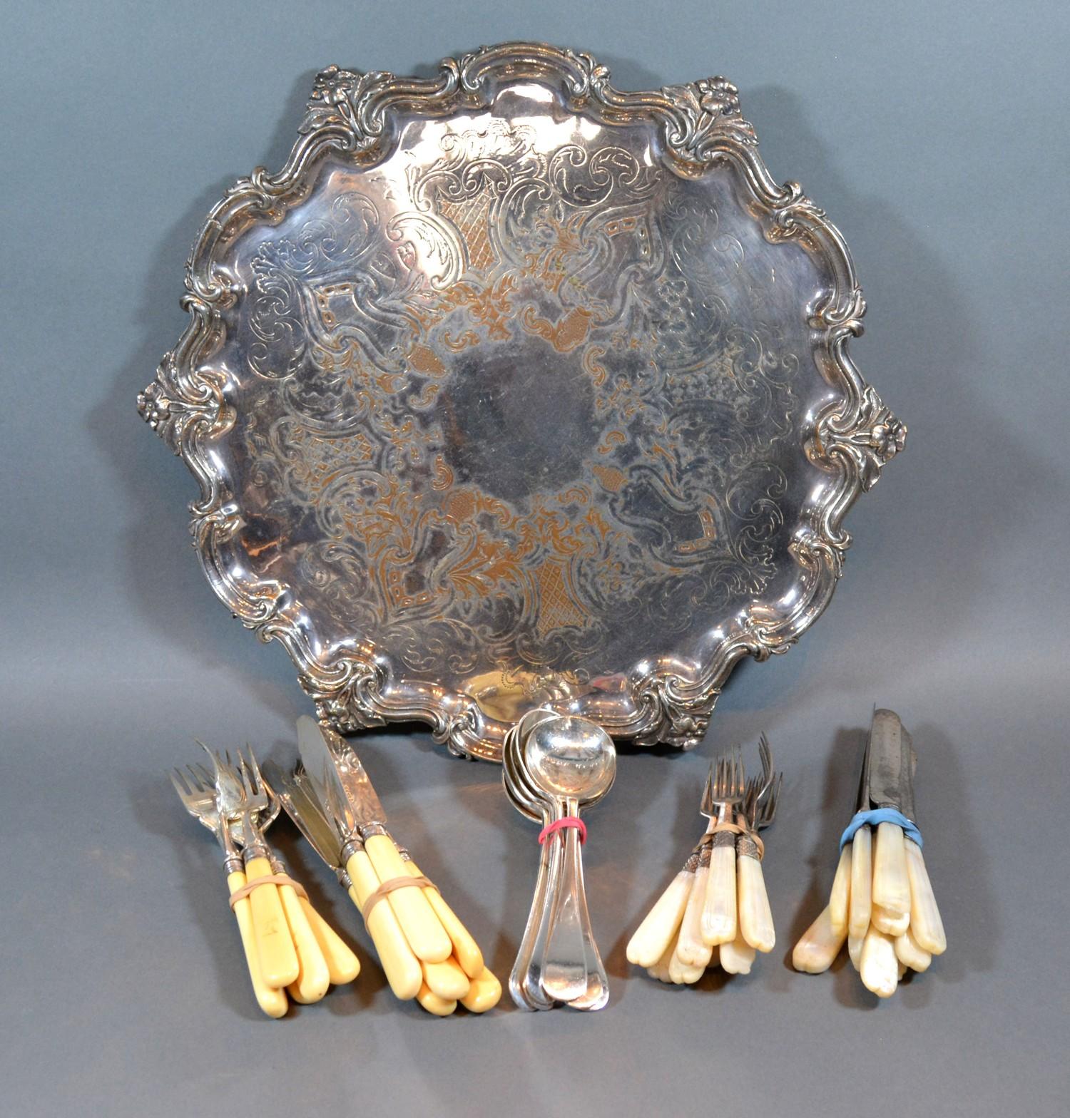 A Silver Plated Tray of Shaped Outline, together with various silver plated flatware