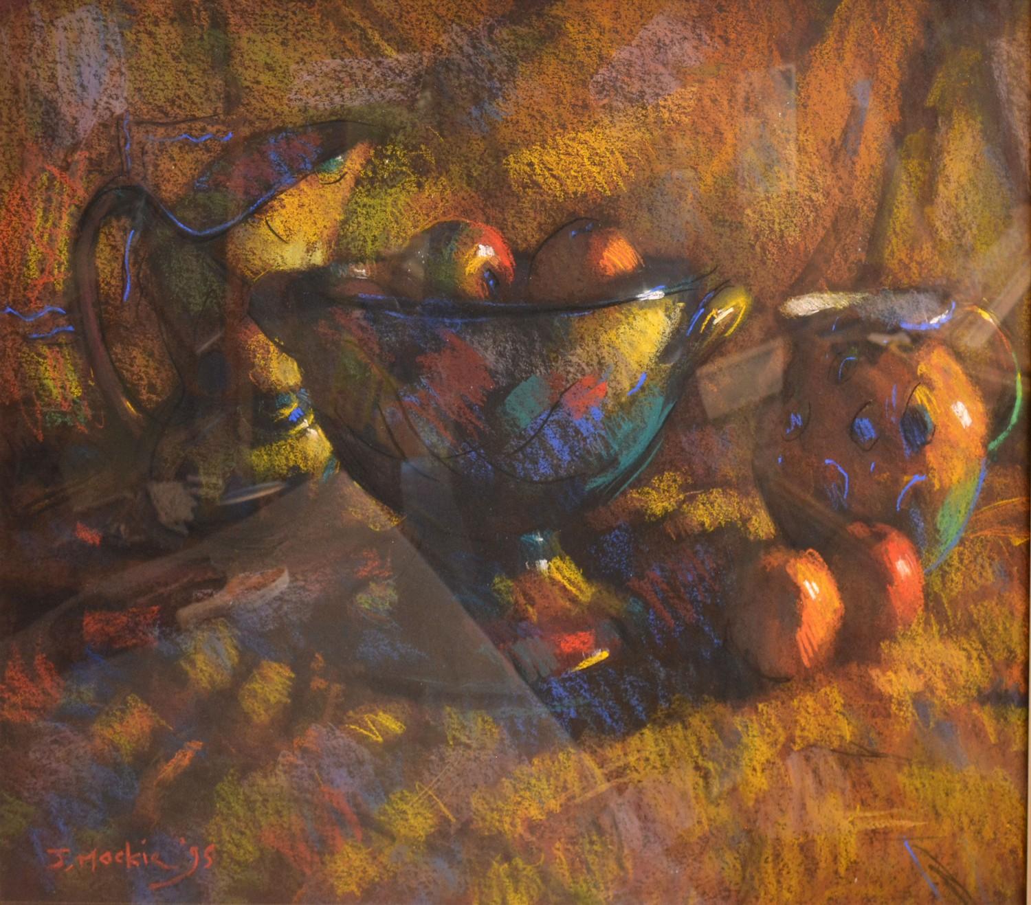 John Mackie, Still Life with Fruit and Jugs pastel, signed and dated '95, 58cm x 77cm