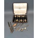 A Set of Six Sheffield Silver Tea Spoons in Case together with a small collection of silver flatware