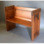 A Pine Pew with Gothic Chancery End Panels 101cm wide, 43cm, 82 cm high