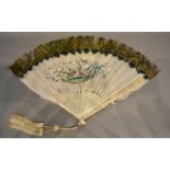 A 19th Century Chinese Carved Ivory and Peacock Feather Fan, hand painted with birds amongst