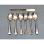 A Set of Six Georgian Silver Teaspoons together with a silver-bladed mother of pearl fruit knife and