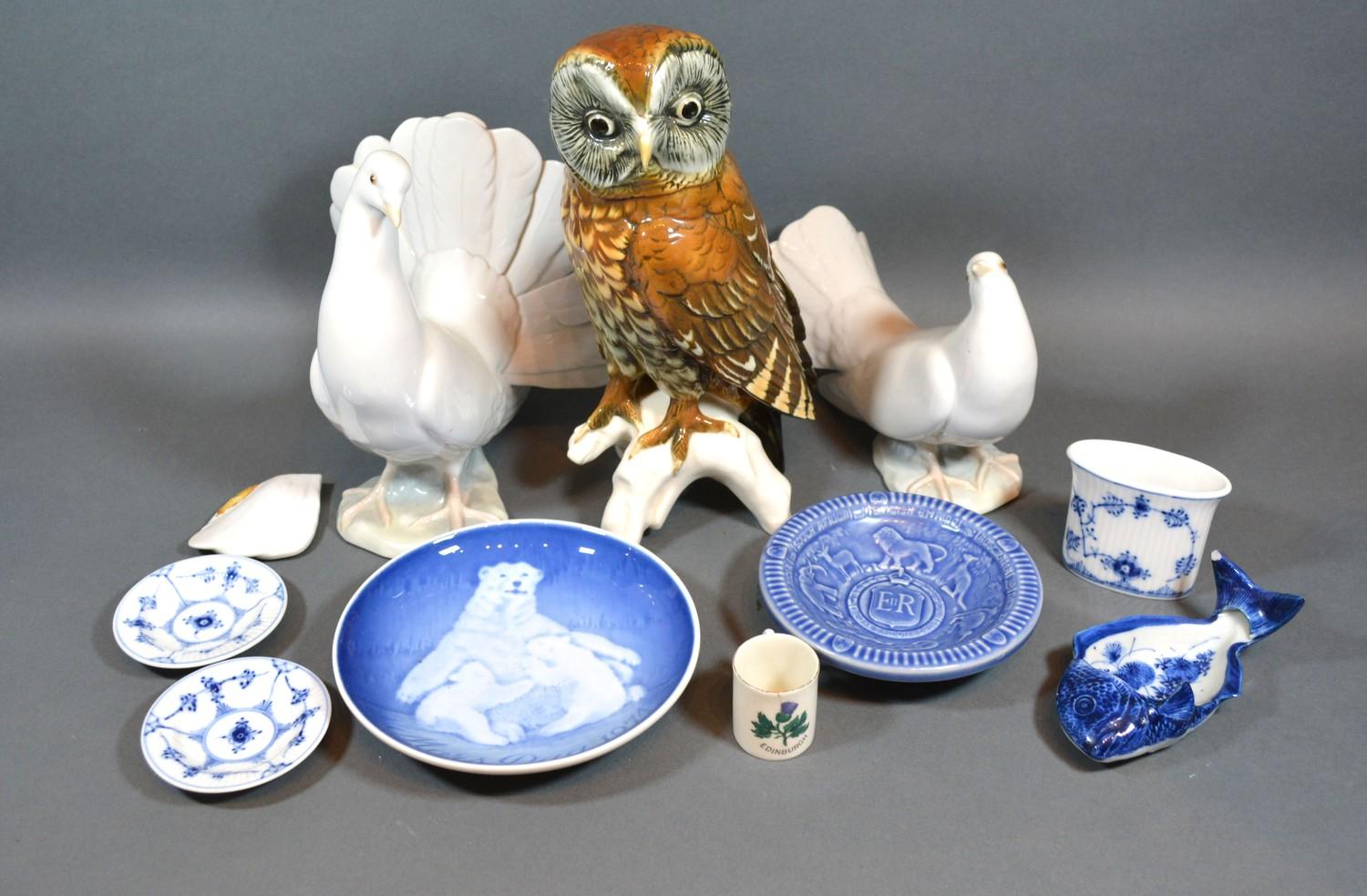 A German Porcelain Model of an Owl together with other various ceramics