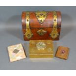 A Chinese Brass Box the cover with inset jade together with a Victorian Burr Walnut brass mounted