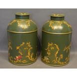 A Pair of Toll Ware Canisters with chinoiserie gilded decoration upon a green ground 36cm tall