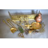 A Collection of Brass Fire Furniture to include a pierced fender and other items of metalware