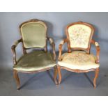A French Drawing Room Armchair with an upholstered back and seat with scroll arms cabriole legs