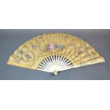 An early 18th Century English Silk Leaf Fan with sequins, hand painted and signed cartouche, the