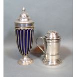 A Chester Silver Sugar Castor with blue glass liner 17.5cm tall together with another Chester Silver