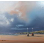 Allan Morgan Beach Scene at Lowtide with Yachts, oil on board, signed 39cm x 39cm