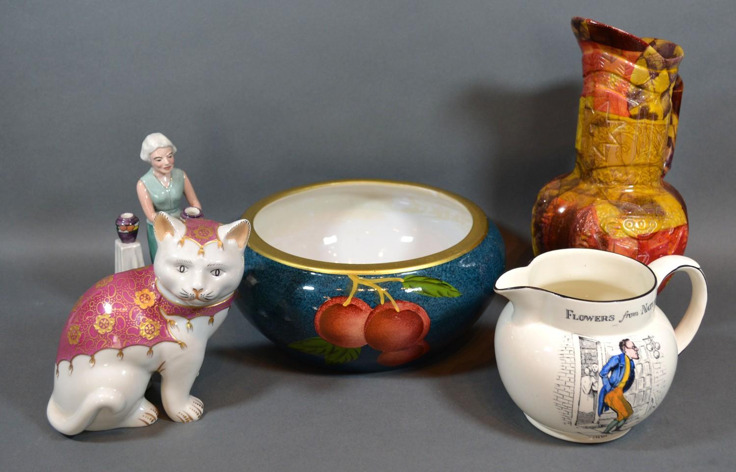 A Victorian Motto Ware Jug " Flowers from Nature" together with a Mangani model of a cat, an art