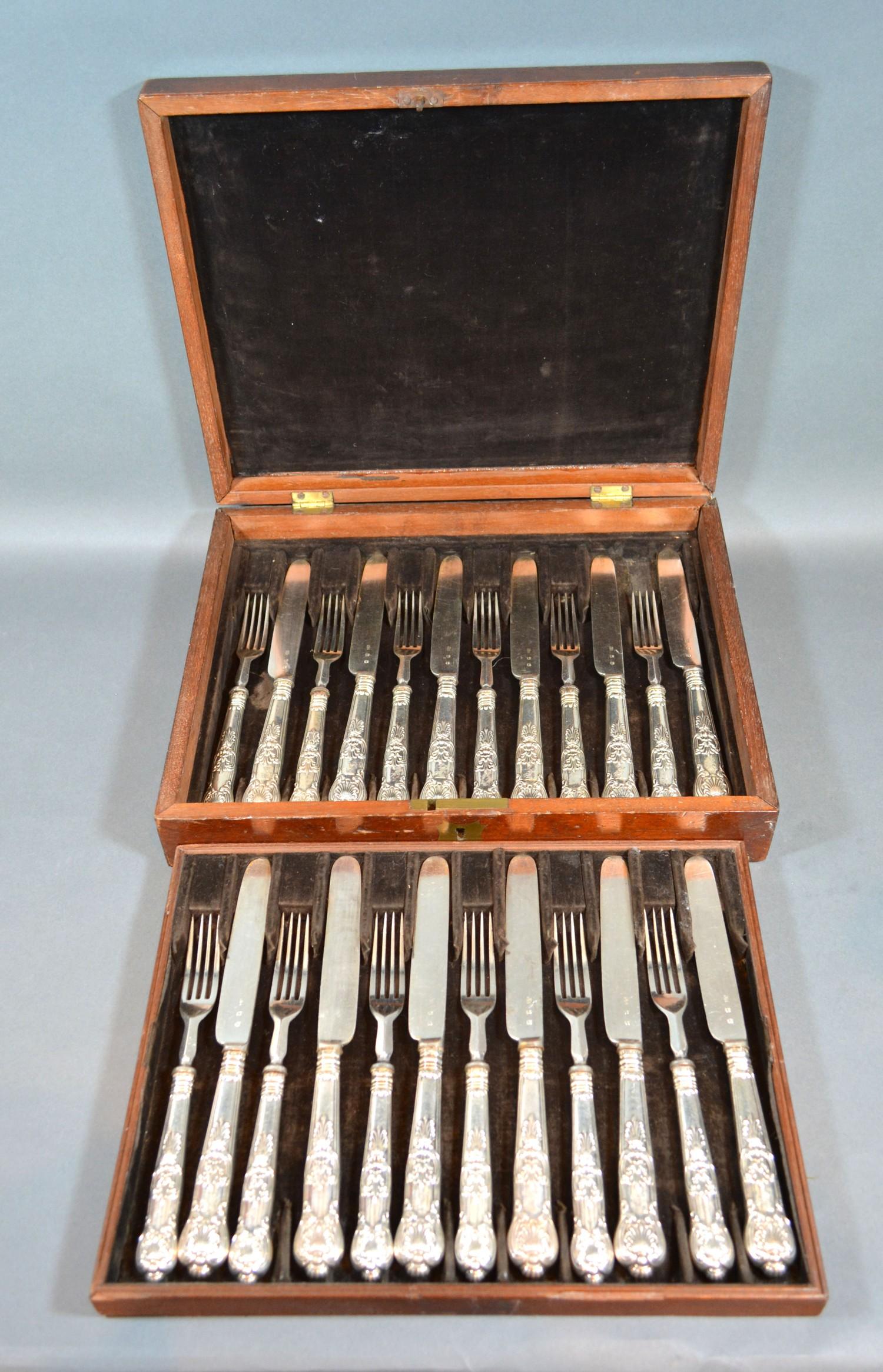 A Cased Set of Twelve Silver Handled Dessert Knives and Forks with Silver Kings Pattern Handles