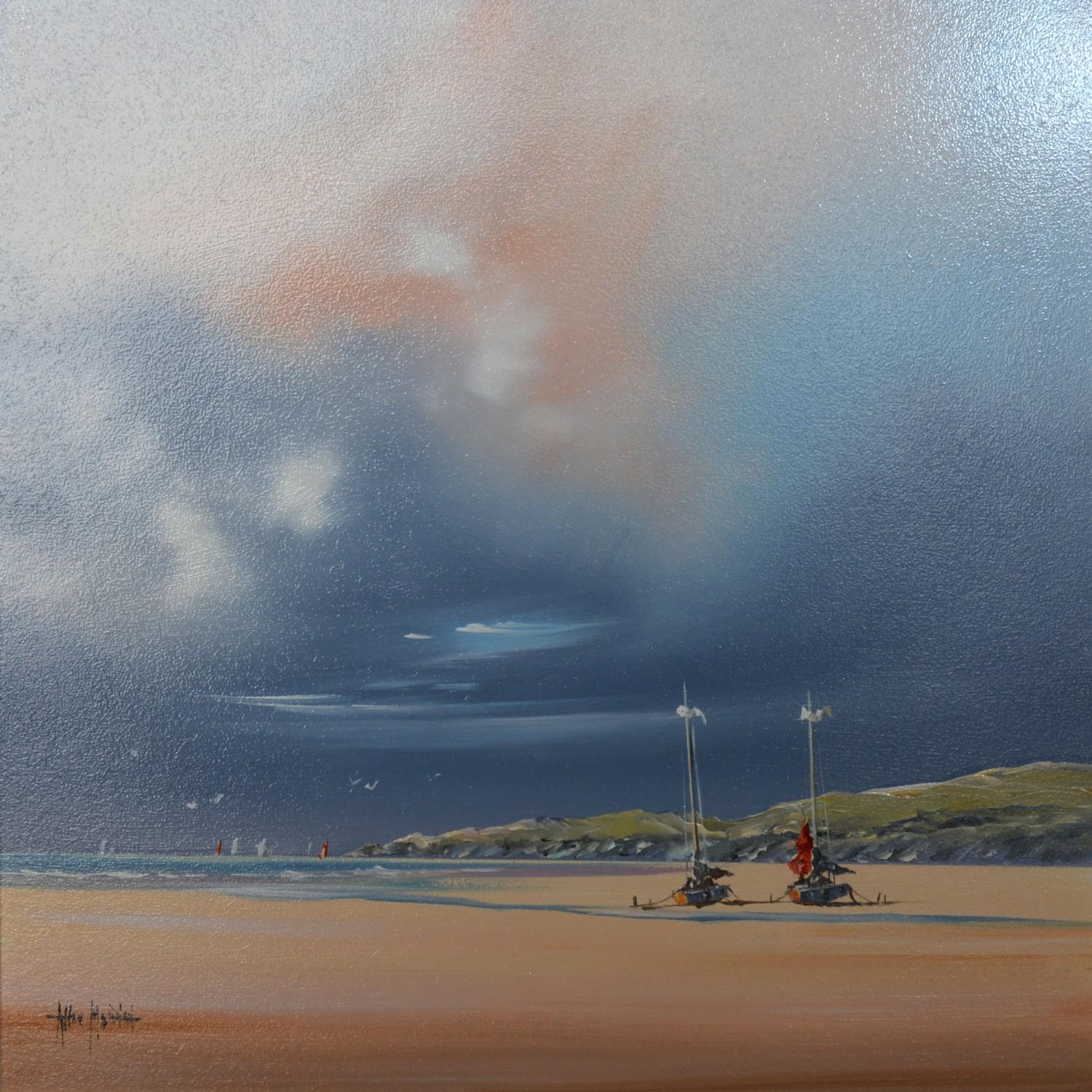 Allan Morgan Beach Scene at Lowtide with Yachts, oil on board, signed 39cm x 39cm - Image 2 of 2