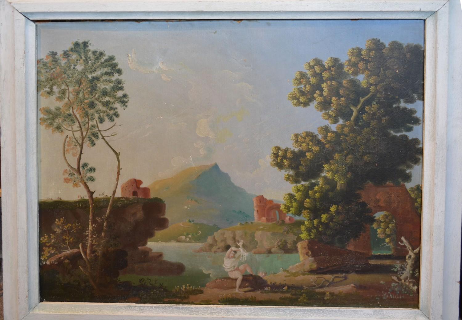 Attributed to Albert H Lucas, Lake Scene with Figure before Ruins, oil on board, signed, 76cm x 88cm - Image 2 of 2