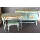 An Early 20th Century Painted Side Cabinet together with a similar side table and stool