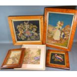 A 19th Century Wool Work Royal Crest within Maple Frame together with four other similar