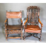 A Late 19th Early 20th Century Continental Oak Armchair together with a Victorian carved oak