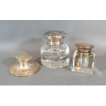 A Victorian Silver Topped and Heavy Glass Ink Well Birmingham 1888 together with a silver capstan