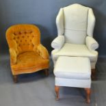 A Queen Anne Style Wingback Armchair with matching stool together with a Victorian button