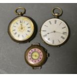 A 935 Silver Cased Pocket Watch together with another pocket watch and a silver and enamel wrist