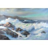 Peter Cosslett 'Crashing Waves over Rocks' Oil on Canvas signed 50 x 75 cms