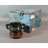 An Early 20th Century Chinese Jadeite Two Handled Sensor with hardwood stand and original box 8cm