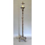 An Early 20th Century Patinated Bronze Lamp Standard in the form of Bamboo, the tri-form base with