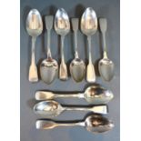 Nine London Silver Fiddle Pattern Dessert Spoons, Various Dates 11oz