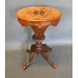 A Victorian Walnut Marquetry Inlaid Trumpet Shaped Work Table, the hinged top enclosing a fitted