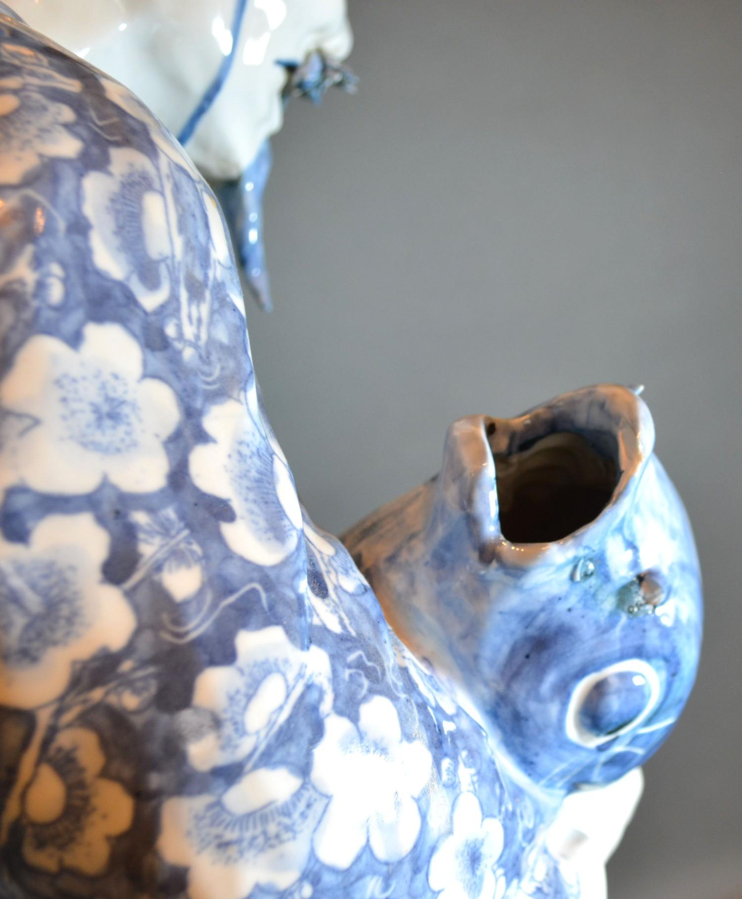 A Chinese Porcelain Underglaze Blue Decorated Figure Holding a Carp 68cm tall - Image 6 of 6