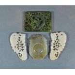 A Chinese Jade Small Panel together with a similar pair of Jade carvings and a rectangular pierced