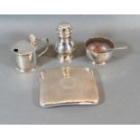A Birmingham Silver Cigarette Case of slightly curved form together with three silver condiments