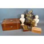 A Carved Soapstone Panel together with a pair of plaster busts, a Smiths brass cased lantern