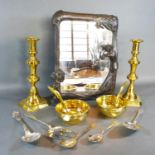 A Pair of Brass Candlesticks together with an Art Nouveau Style Table Mirror and various metal wares