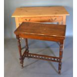 A Pine Side Table with a frieze drawer raised upon square tapering legs together with an Edwardian