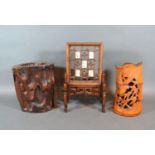 A Chinese Hardwood Small Screen inset five panels 21cm tall together with two Chinese brush pots