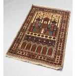 A Woollen Beliuch Pictorial Prayer Rug with cream, blue and red ground within multiple boarders
