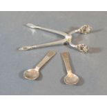 A Pair of Sterling Silver Sugar Snips by George Jensen together with two silver salt spoons by Georg