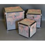 A Set of Three Graduated Square Boxes, each with map covers and chromium corner mounts and