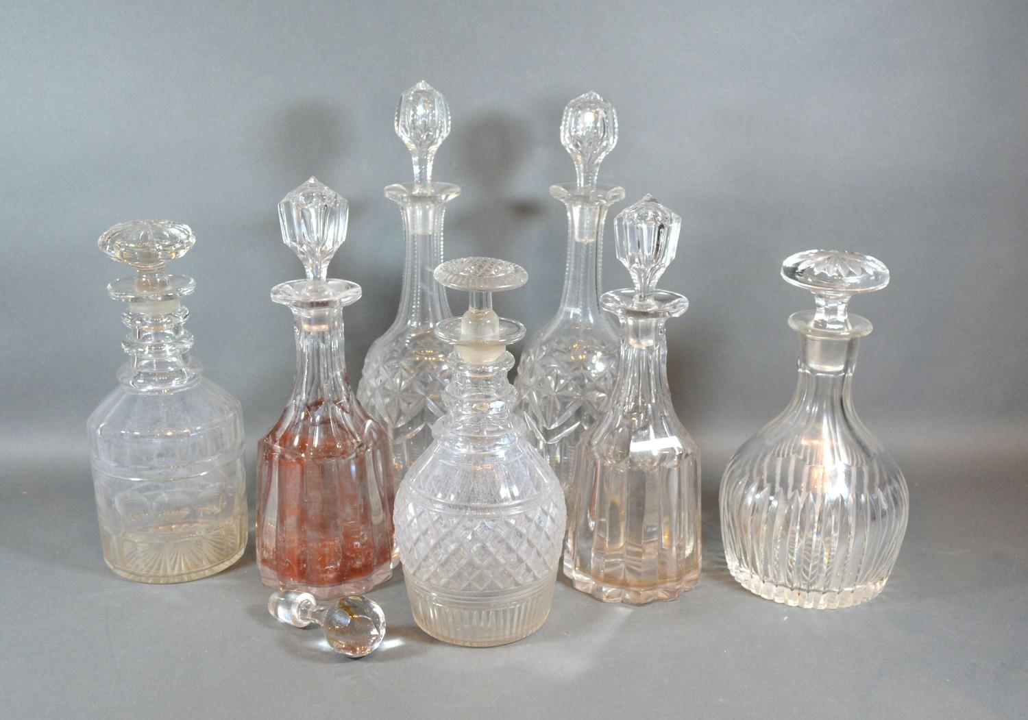 Two Pairs of Glass Decanters with stoppers together with three other cut-glass decanters