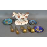 A 19th Century Cow Creamer, together with three cloisonne dishes and two brass condiments with