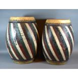 A Pair of African Drums with Polychrome Decoration, 41cm tall