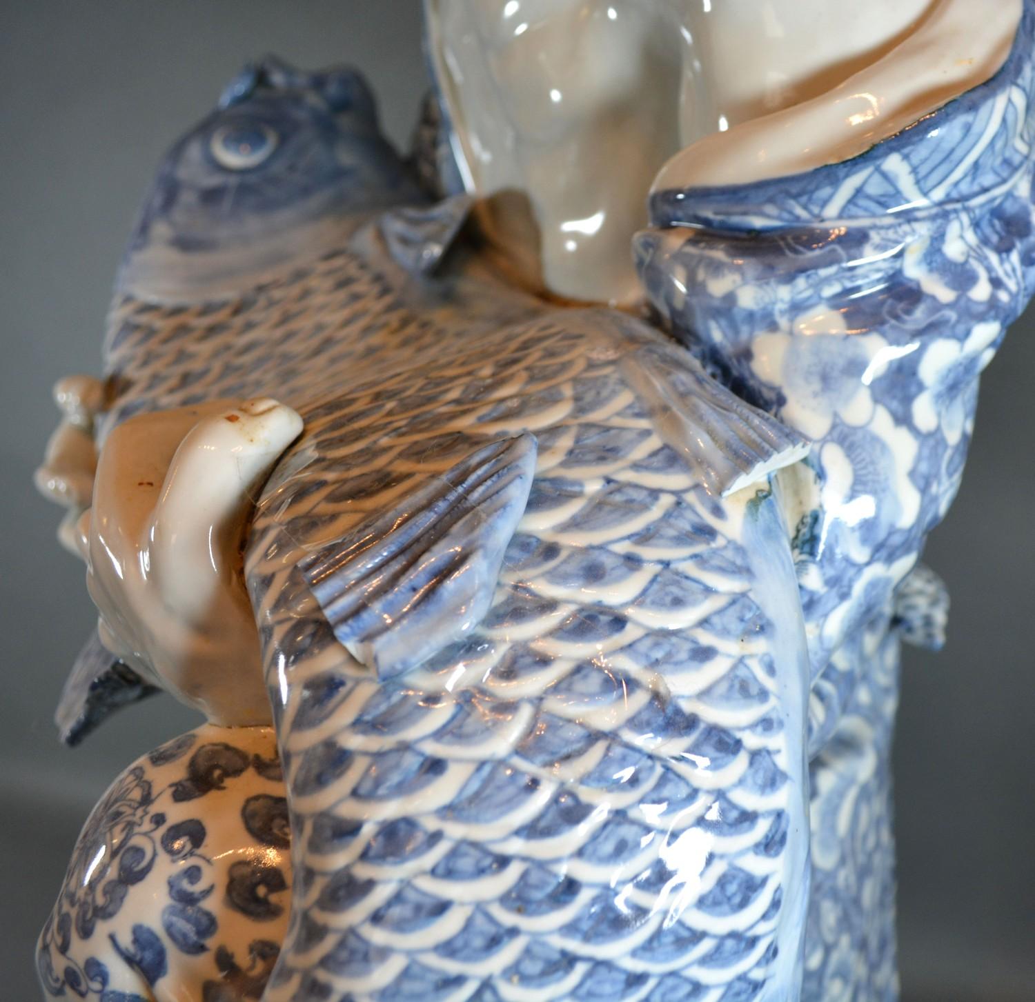 A Chinese Porcelain Underglaze Blue Decorated Figure Holding a Carp 68cm tall - Image 3 of 6