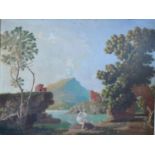 Attributed to Albert H Lucas, Lake Scene with Figure before Ruins, oil on board, signed, 76cm x 88cm