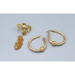 A Pair of 9ct. Gold Hoop Earrings together with a 9ct. gold pearl set brooch and a 9ct. gold neck