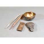 A Birmingham Silver Cigar Cutter, two silver cased propelling pencils, a Sterling silver money