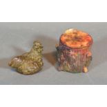 A Bronze Inkwell In The Form Of A Tree Stump, together with a small bronze model of a chicken
