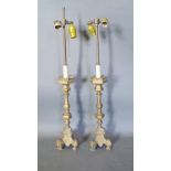 A Pair of 18th Century Style Brass Table Lamps of shaped octagonal form with triform scroll feet,